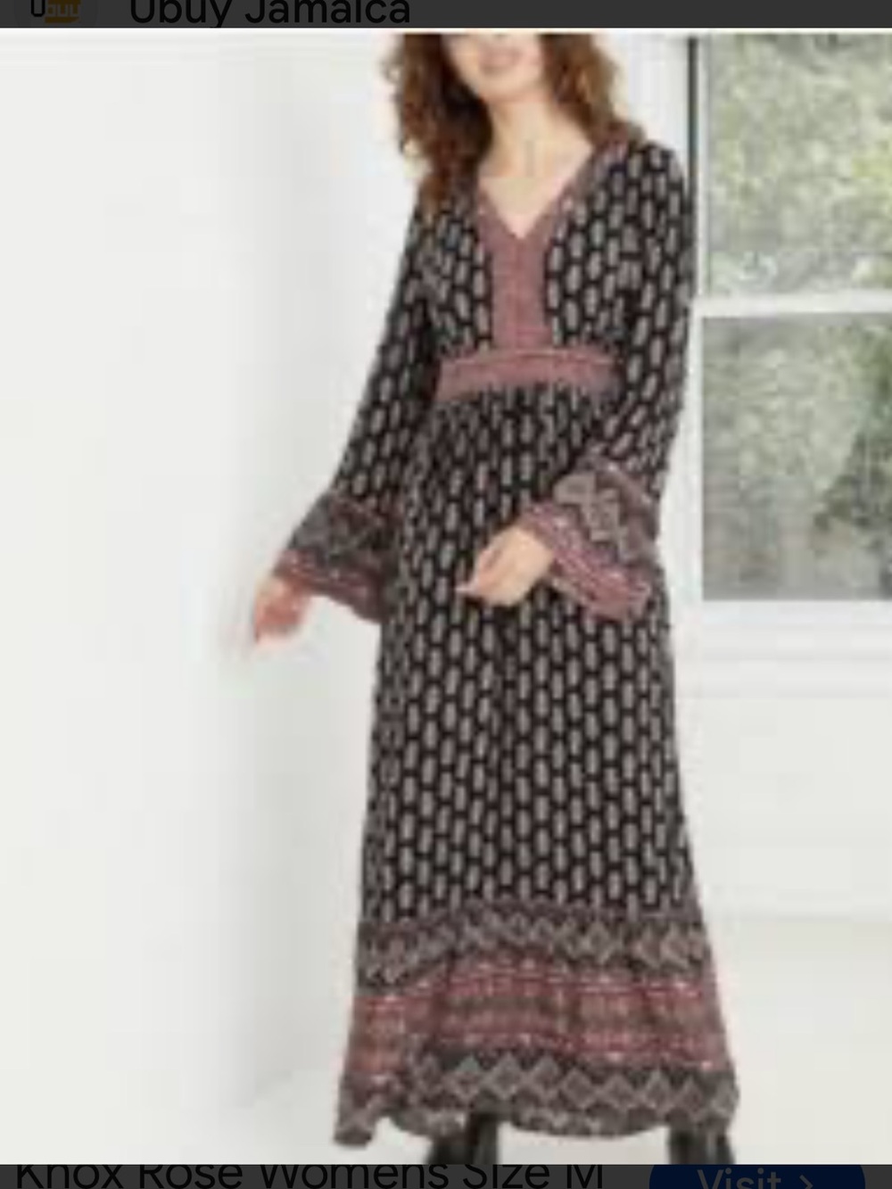 Knox Rose Bohemian Black Floral Maxi Dress with Pink Accents. Size Medium
